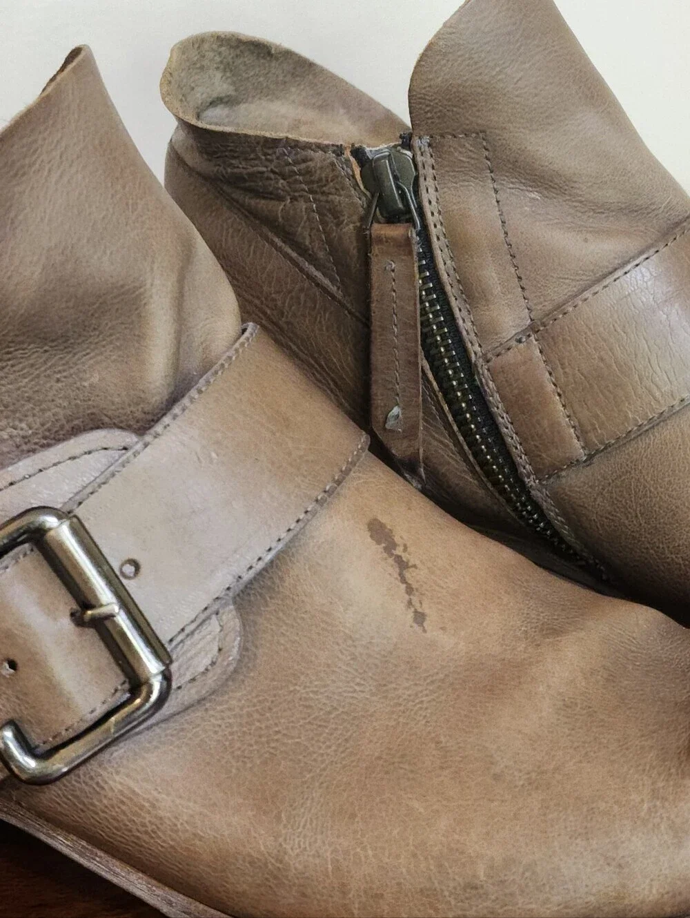 Paul Green Boots AnkleMoto Buckle  Leather Brown/Gray Zip Biker Punk Western